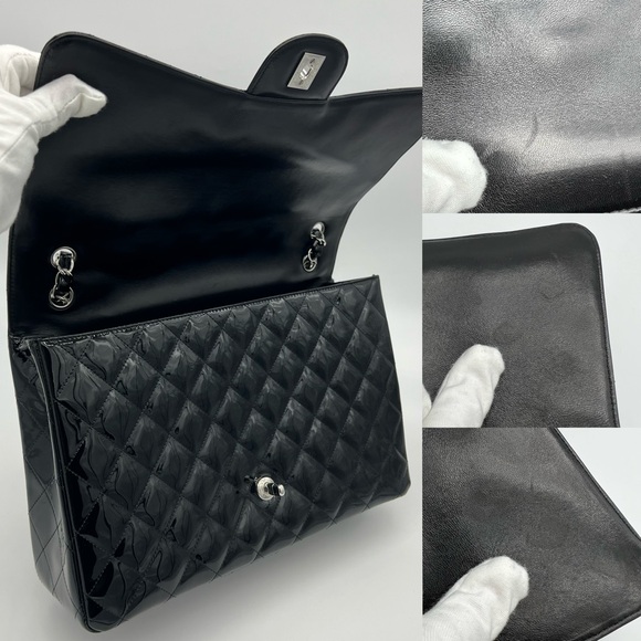 Authentic Chanel Classic Glossy shimmery black Patent leather Maxi single flap - Picture 11 of 17